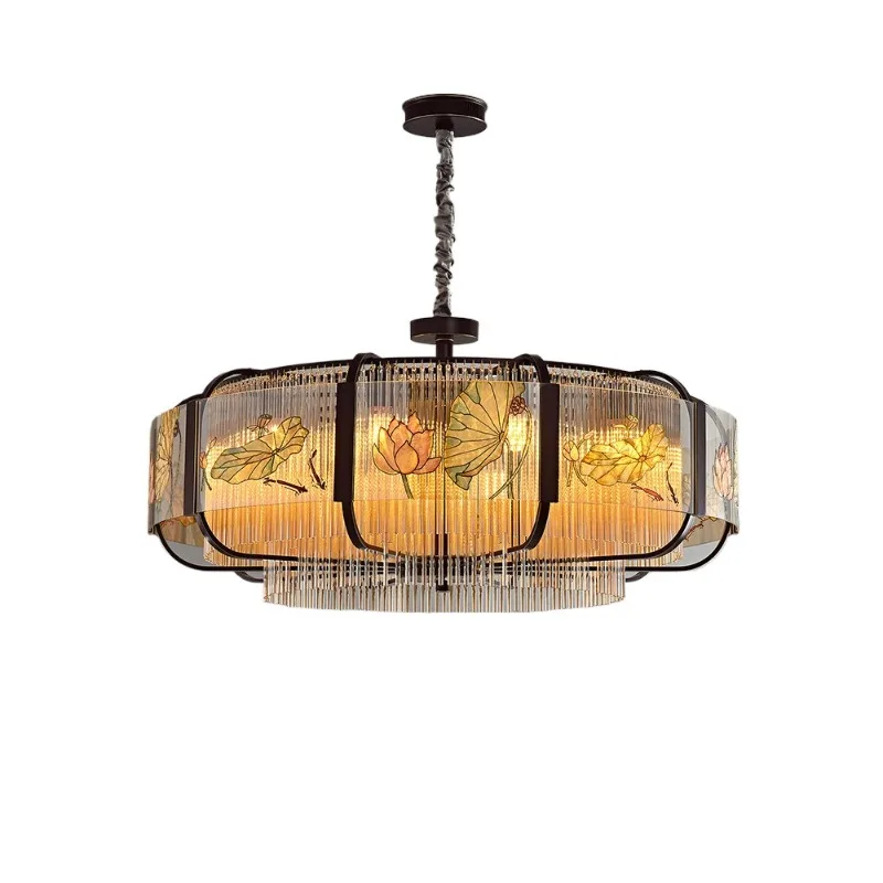 

New Chinese chandelier full copper enamel colored living room light style decoration villa restaurant