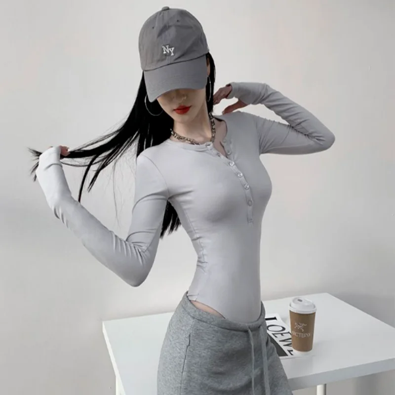 

Sexy American Sle Long Sve Button round Nesie Top for Women High Waist ort Pants Polyester Fiber Base T-irt