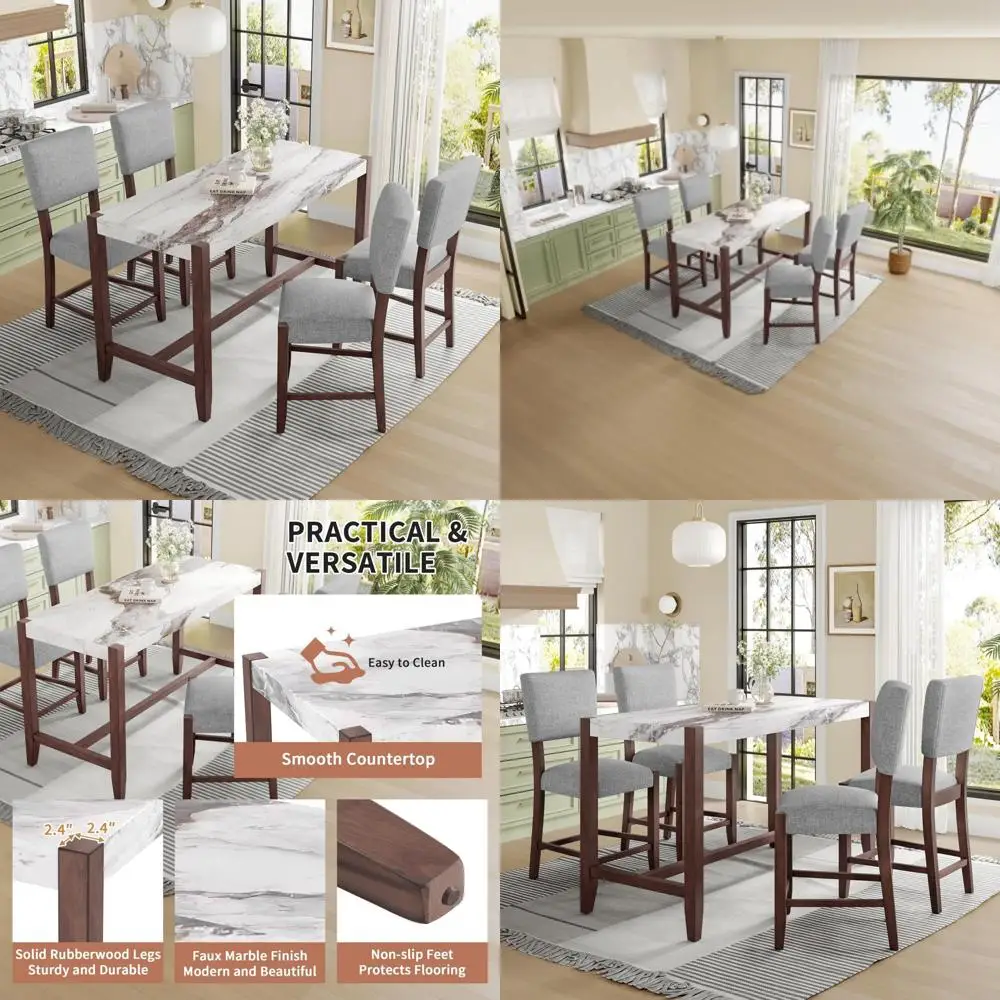 

5-Piece Counter-Height Dining Set with Faux Marble Top and Upholstered Chairs