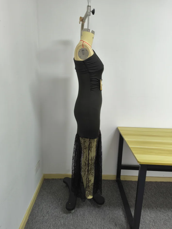 JULISSA MO Patchwork-Spitzenkleid, sexy, schulterfrei, Maxikleid für Damen, schwarz, ärmellos, Abendkleid, Sommer, schmal geschnitten, elegant, Party- und Clubkleid – Detail 7