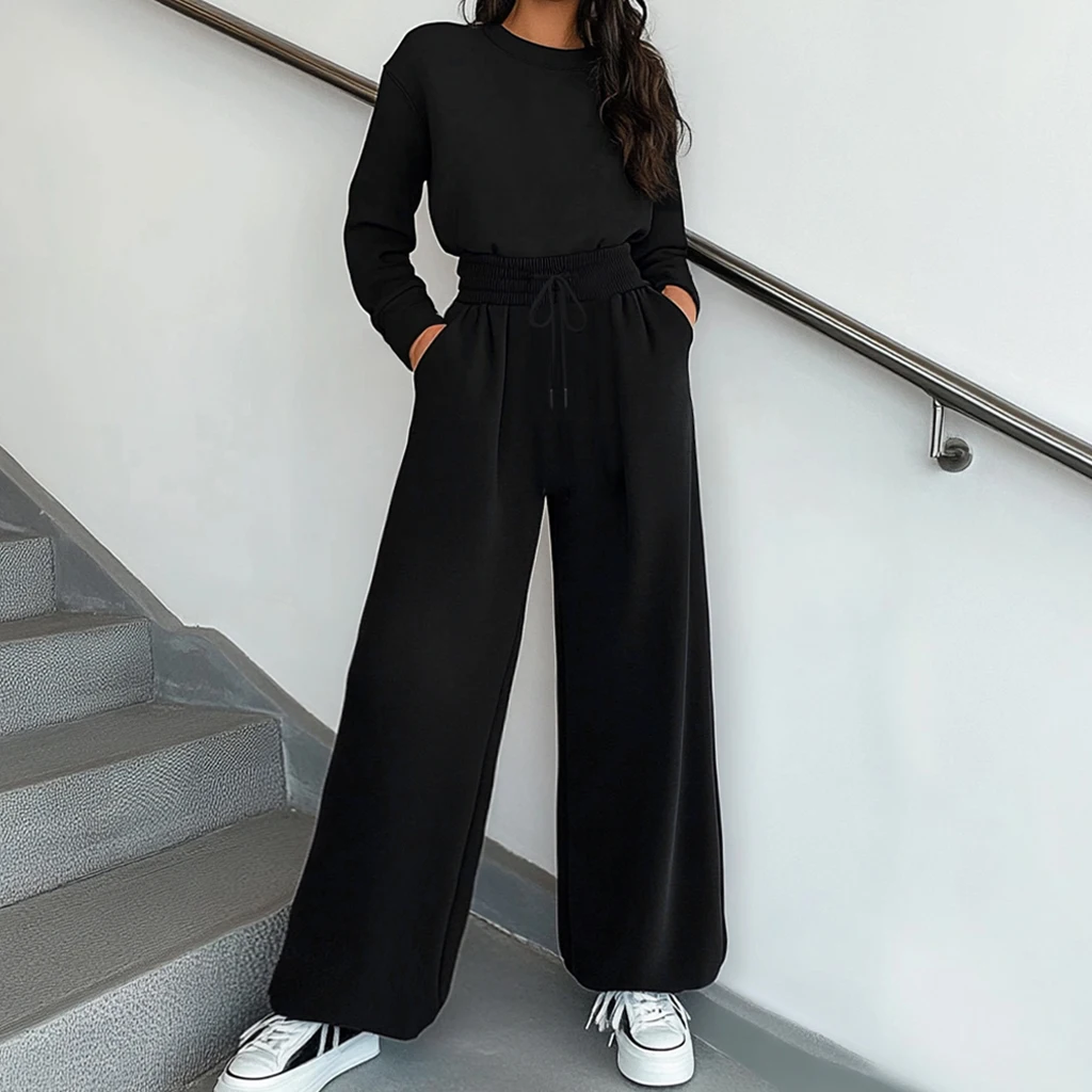 Mia Muse Autumn Winter Women's Coordinates Cropped Sweatshirt and Straight Leg Sweatpants Simple Casual Sets