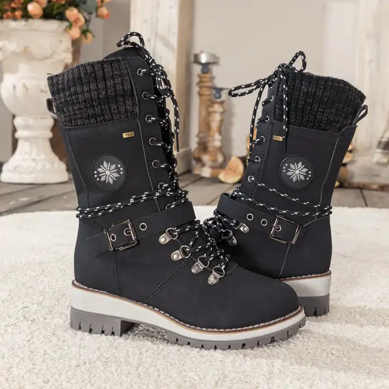 Women's Waterproof Knee Snow Boots Knitted Spliced Warm Snow Boots for Women