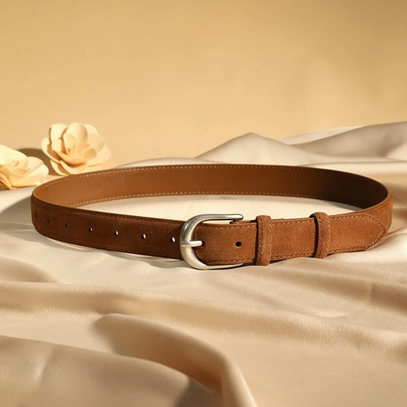 Women’s Genuine Leather Belt, Metal Pin Buckle, 2.5cm Wide Two-Layer Cowhide, Fashion Designer Belt for Jeans