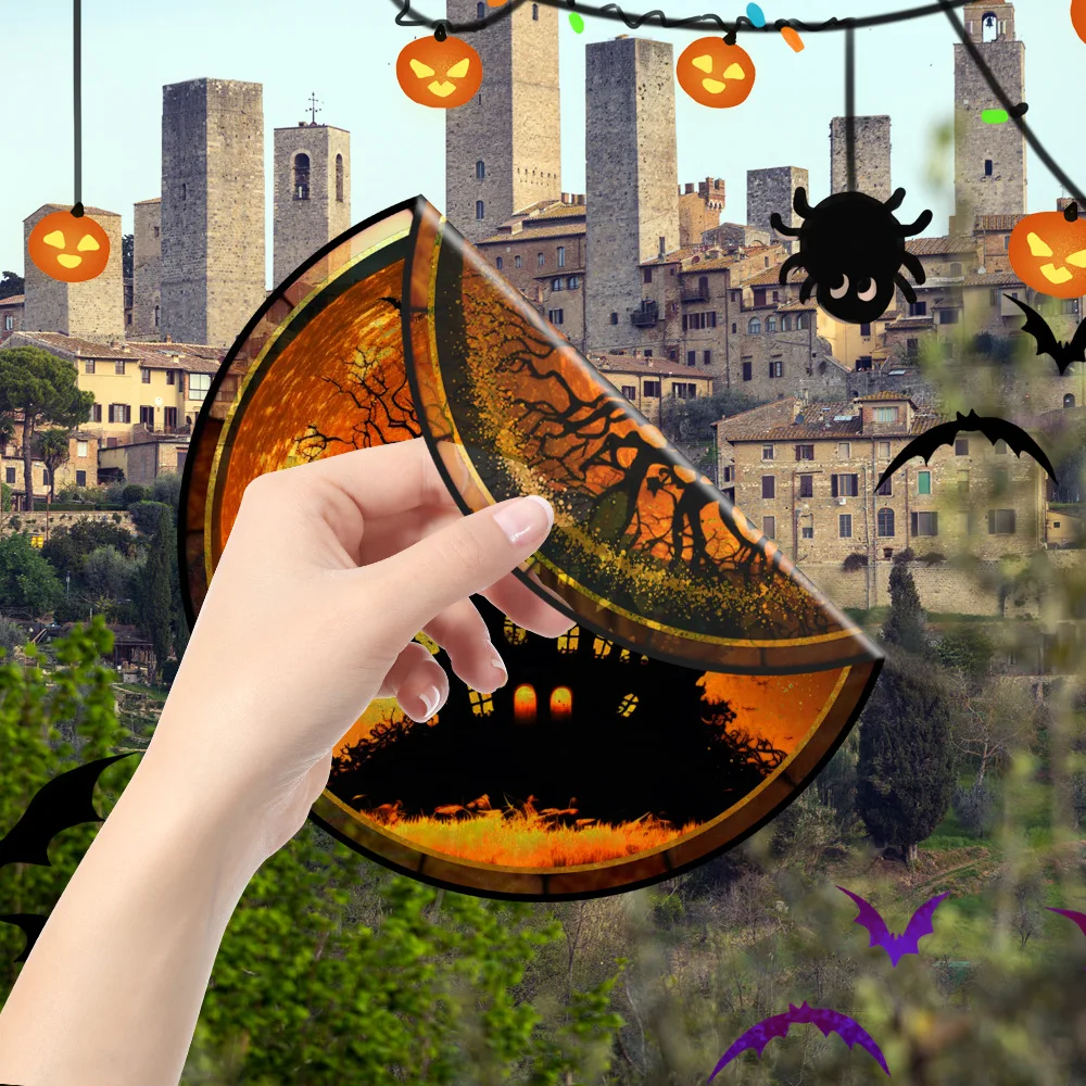 Halloween Horror Castle Cat Window Static Clings Reusable Stained Glass Decorative Film Glue Free for Party Home Glass Door