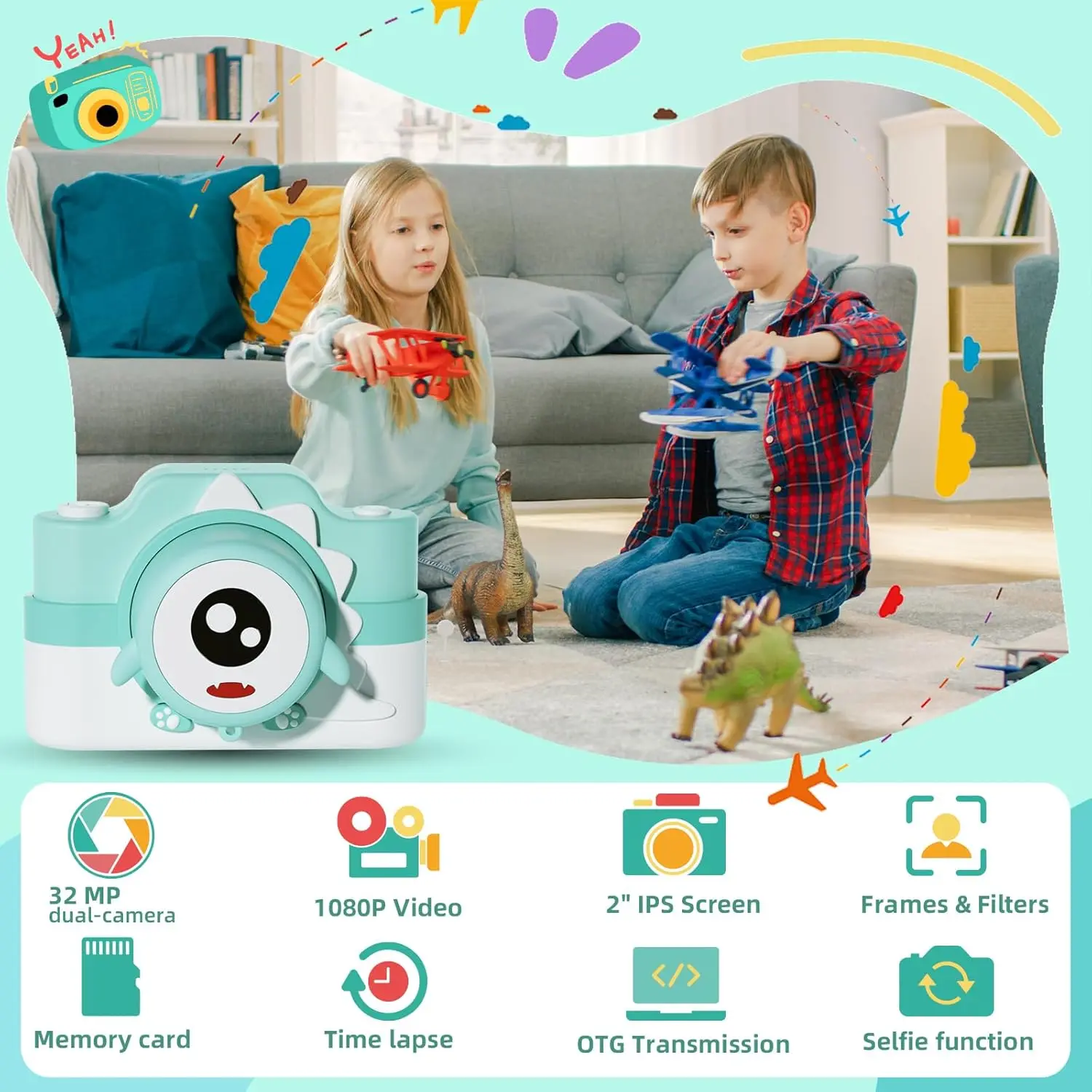 Câmera infantil de dinossauro, câmera sem jogo para crianças de 3 a 9 anos, lente dupla de 32MP e vídeo HD 1080P, câmera digital para crianças pequenas