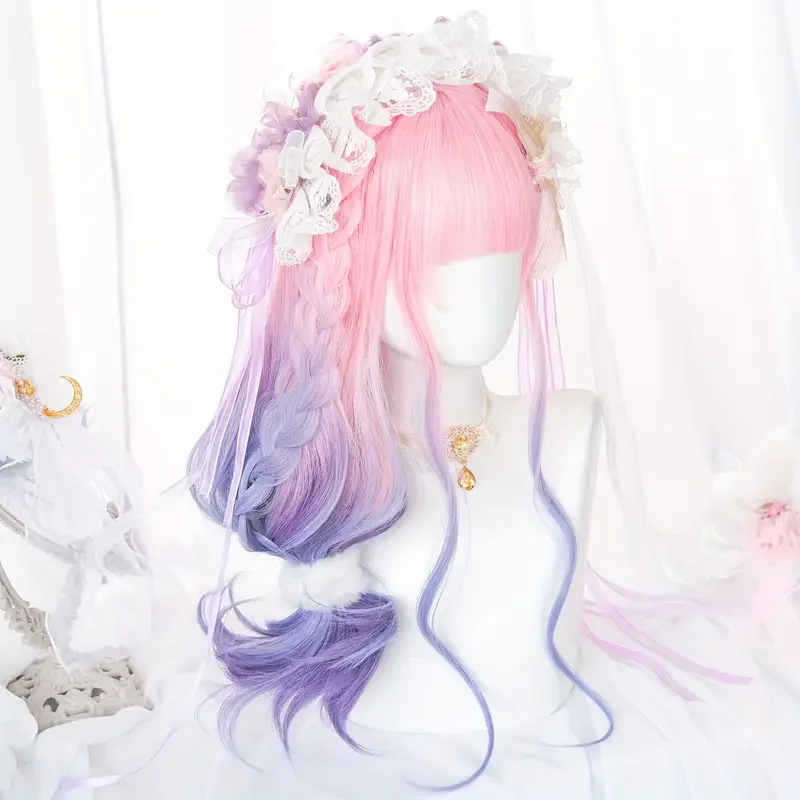 شعر مستعار اصطناعي طويل وردي متدرج أرجواني أزرق مموج مع غرة للنساء شعر مستعار لوليتا لحفلات الهالوين #5