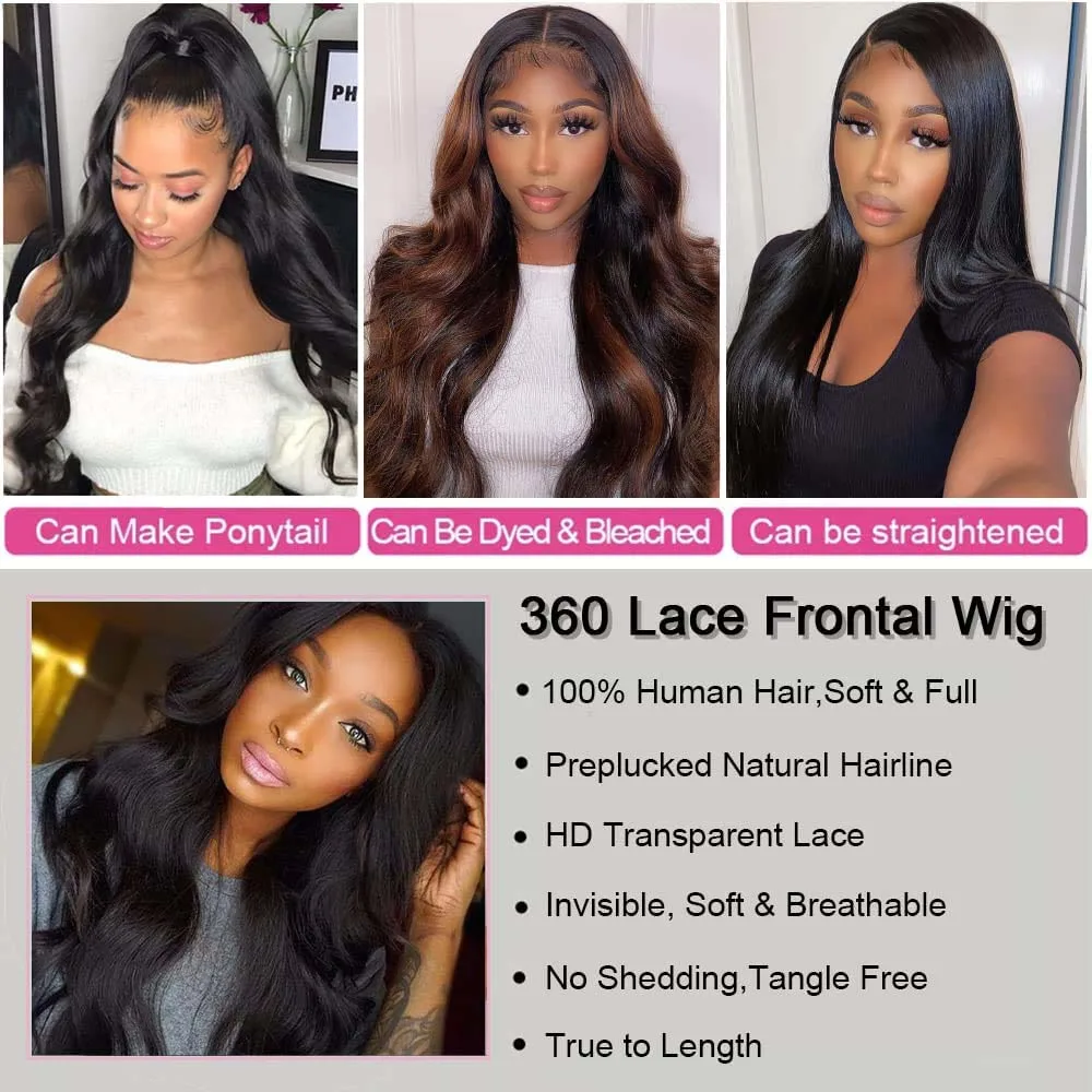 Glueless Body Wave Lace Frontal Wig, Cabelo humano pré arrancado, 13x4 Lace Front, 13x6, Nature Color, Body Wave, 360