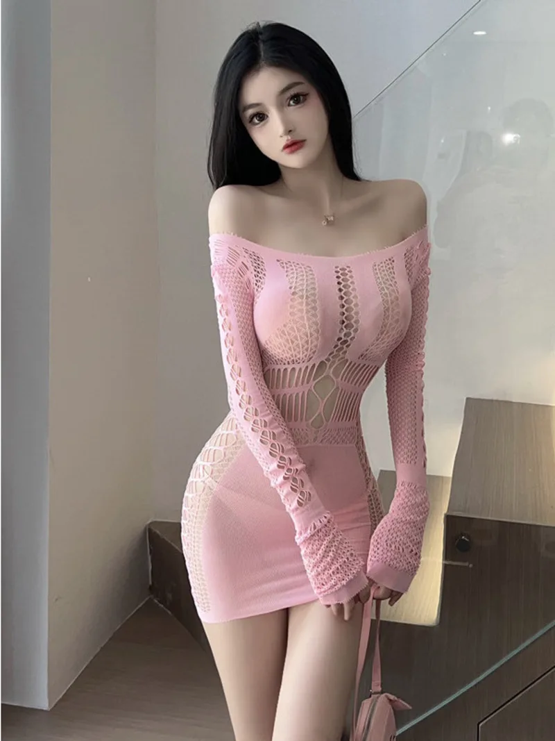 

2023 Spring/Summer New Women's Sexy Hollow Out Slash neck Long Sleeve Transparent Solid Color Tight Wrapped Hip Dress GDDF