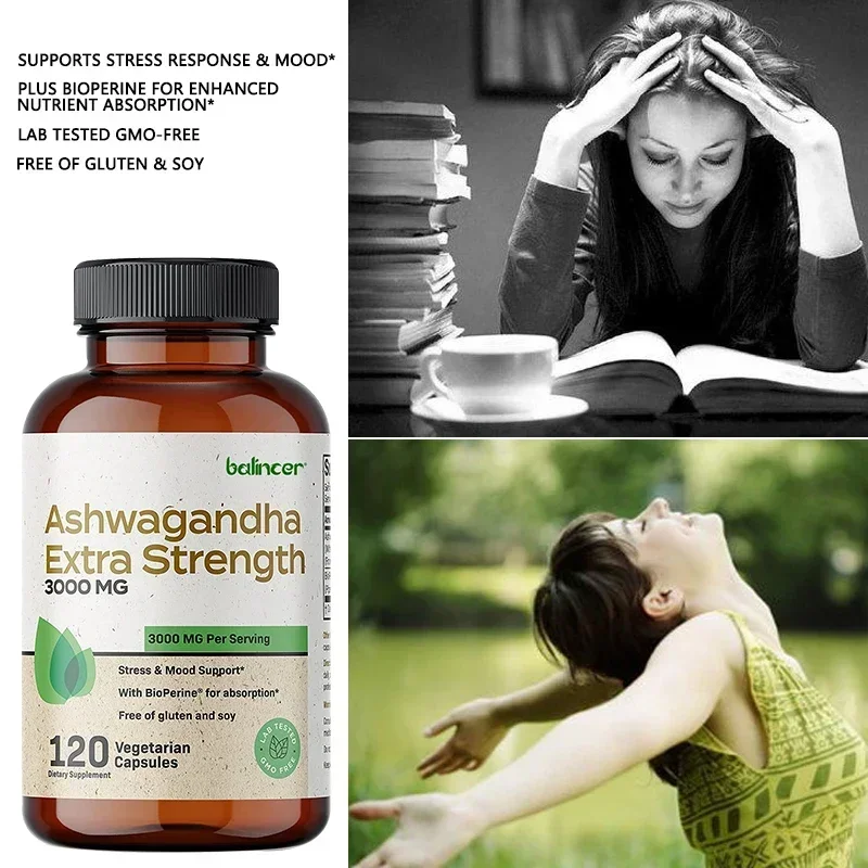 Ashwagandha Extra Strength Stress Relief & Mood Support with Black Pepper - Non-GMO Formula, 120 Vegetarian Capsules