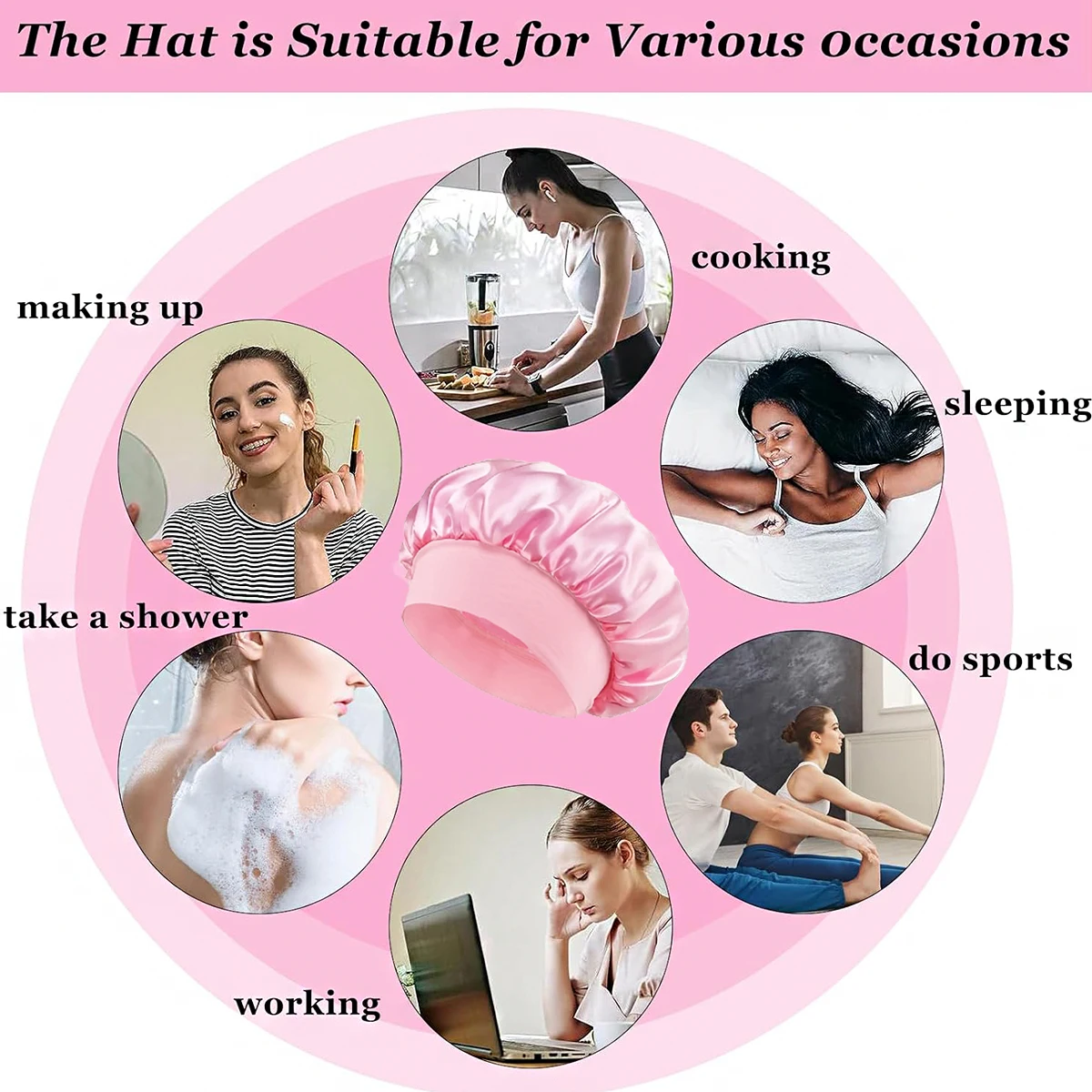 3개입 새틴 와이드 브림 나이트캡, 신축성 있는 부드러운 밴드가 있는 나이트캡, 데일리 홈 캐주얼 나이트캡, 실제 모발 가발 전용