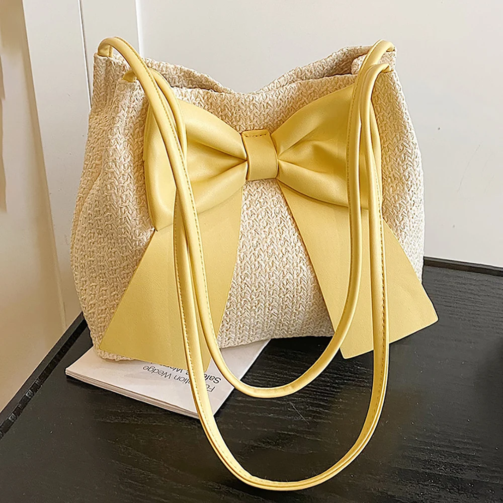 

Модная тканая сумка-тоут с большим бантом, женская универсальная пляжная сумка на одно плечо в отпускном стиле, соломенная пляжная сумка под мышками, большая вмести...