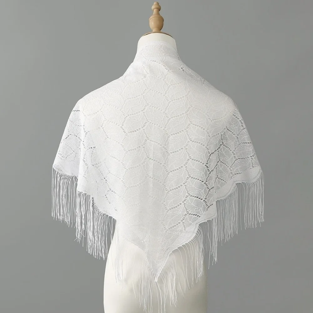 

Bridal Polyester Lace Hollow Scarf Embroidery Transparent Tassel Triangle Shawl Pure Color White Mesh Scarves Wedding