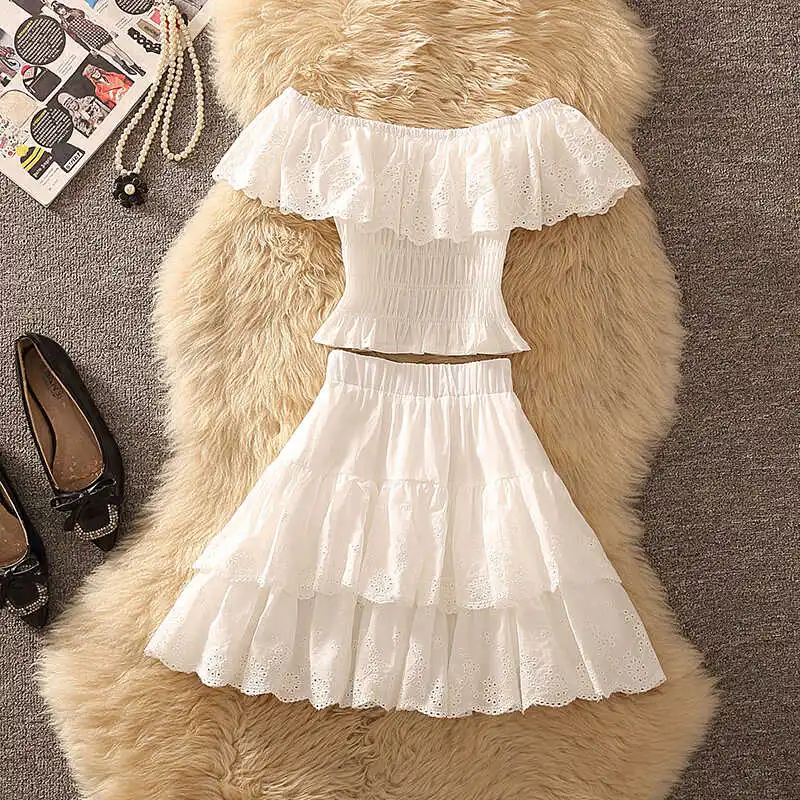 

Sweet Style Laser Embroidery One Shoulder Lace Set Slimming Design Beautiful Shirt Pleated Hemline Women's Fashion Spring Summer