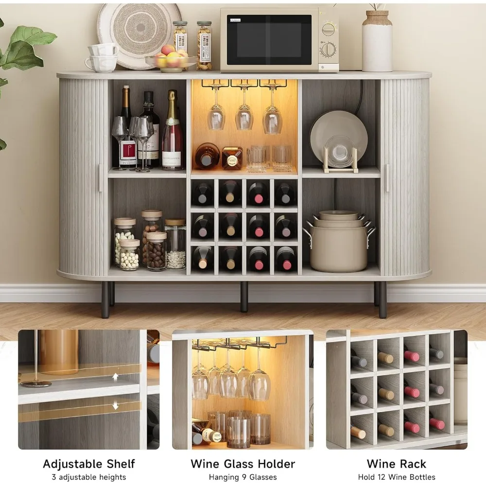 Home Bar Cabinet with Wine Rack, Fluted Design for Beverage Storage and Glass Holder
