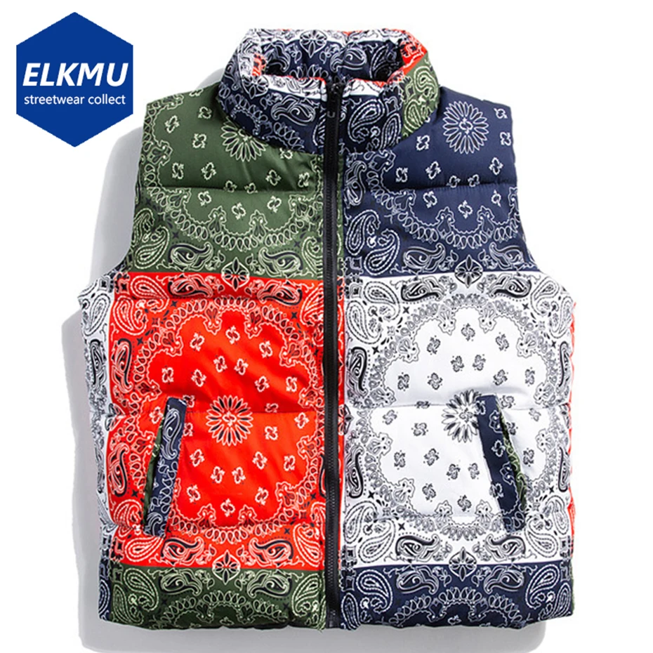 

Winter Padded Vest Paisley Bandana Pattern Thick Warm Vests Fashion Streetwear Hip Hop Puffer Jackets Parkas Coats Men