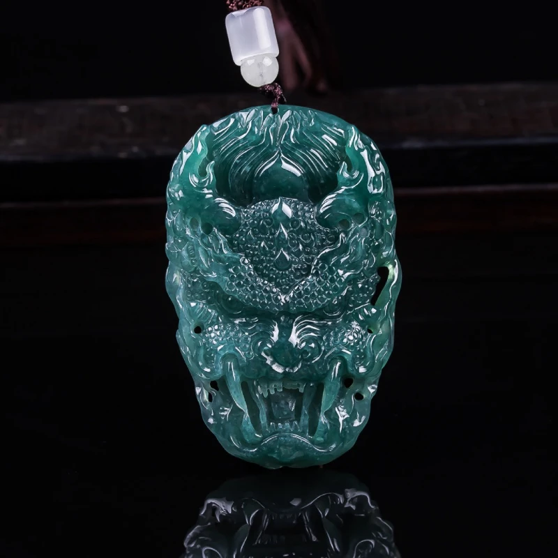 Natural A-grade Jadeite Blue Water Carved Zodiac Dragon Head Necklace Pendant Men's Domineering Feng Shui Amulet Gift