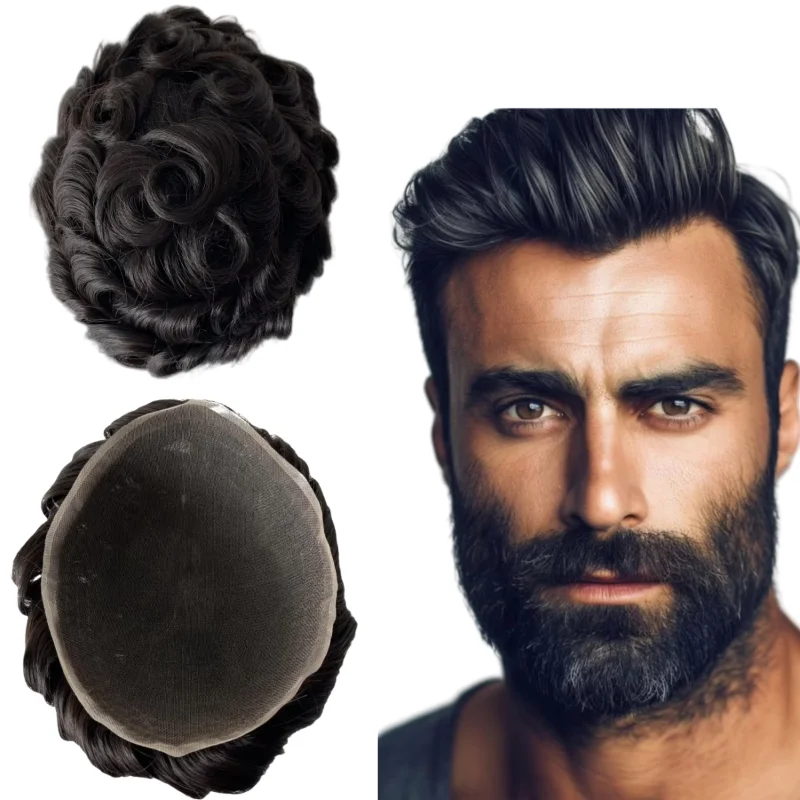 

Indian Virgin Human Hair Systems Natural Color 32mm Wave Unit 8x10 Full Lace Toupee for European Men