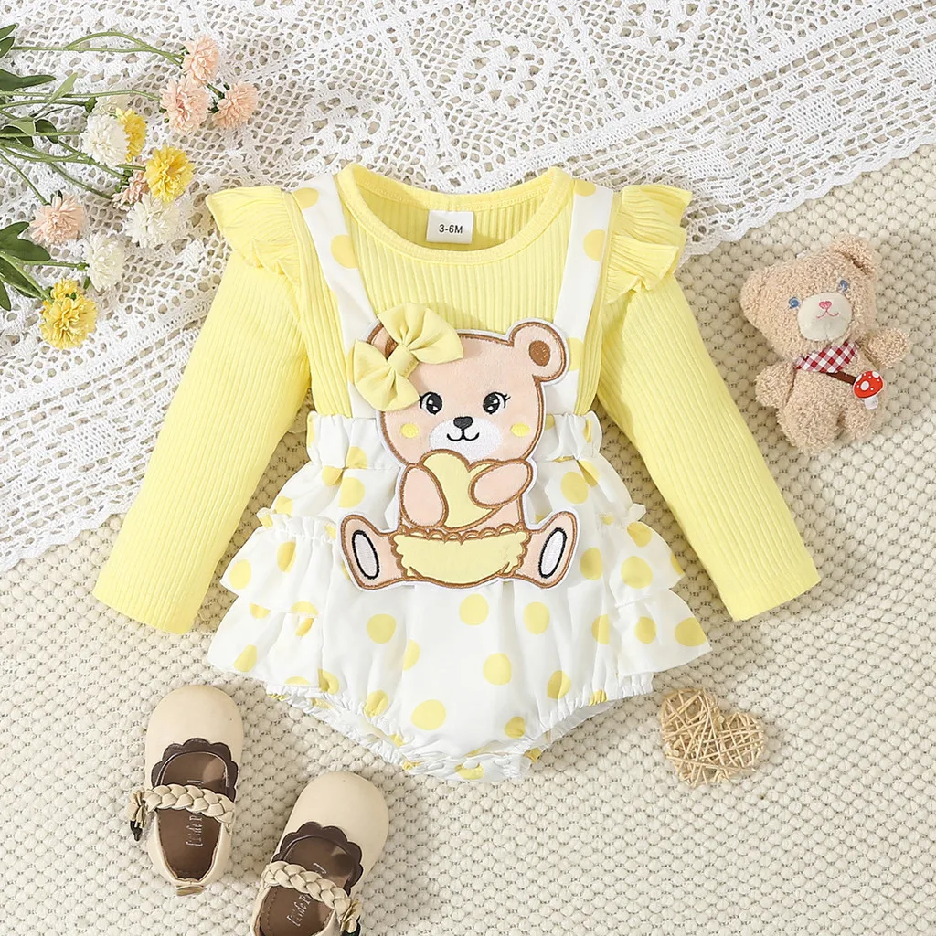 0-18 Months Newborn Baby Girl Cute Teddy Bear Long Sleeved Bodysuit Dress for Infant Girl Fashion Costumes Autumn One Piece