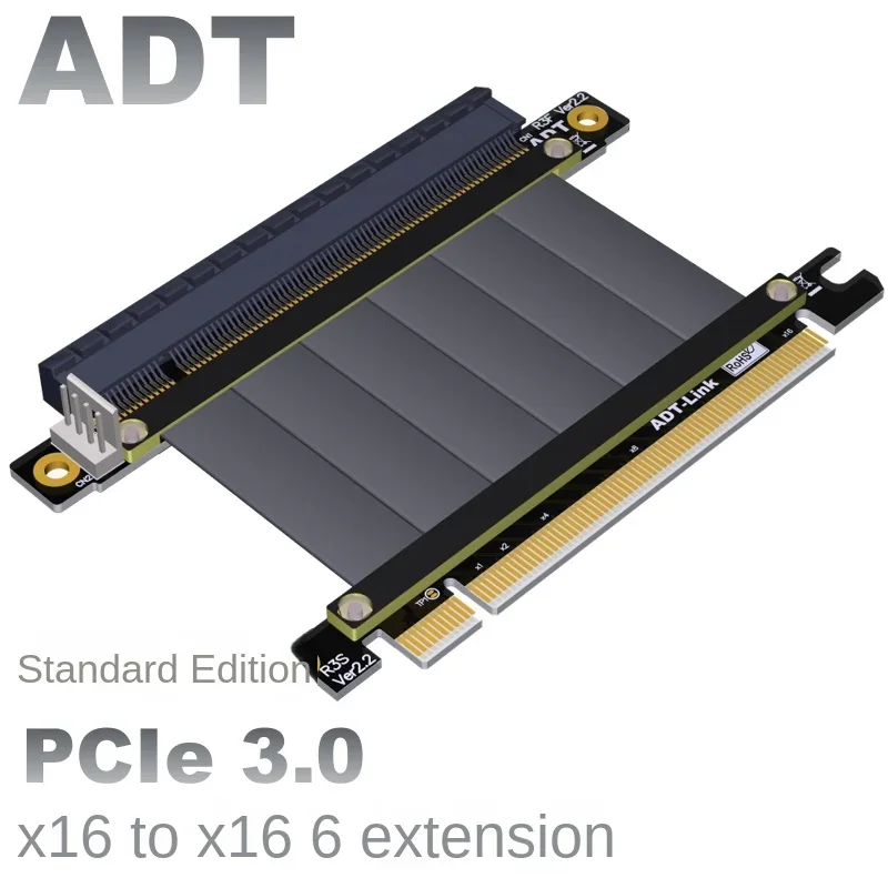 Przedłużacz PCI-E 3.0x16 karty graficznej ADT umieszczony w pionie na Pcie 16x w obudowie