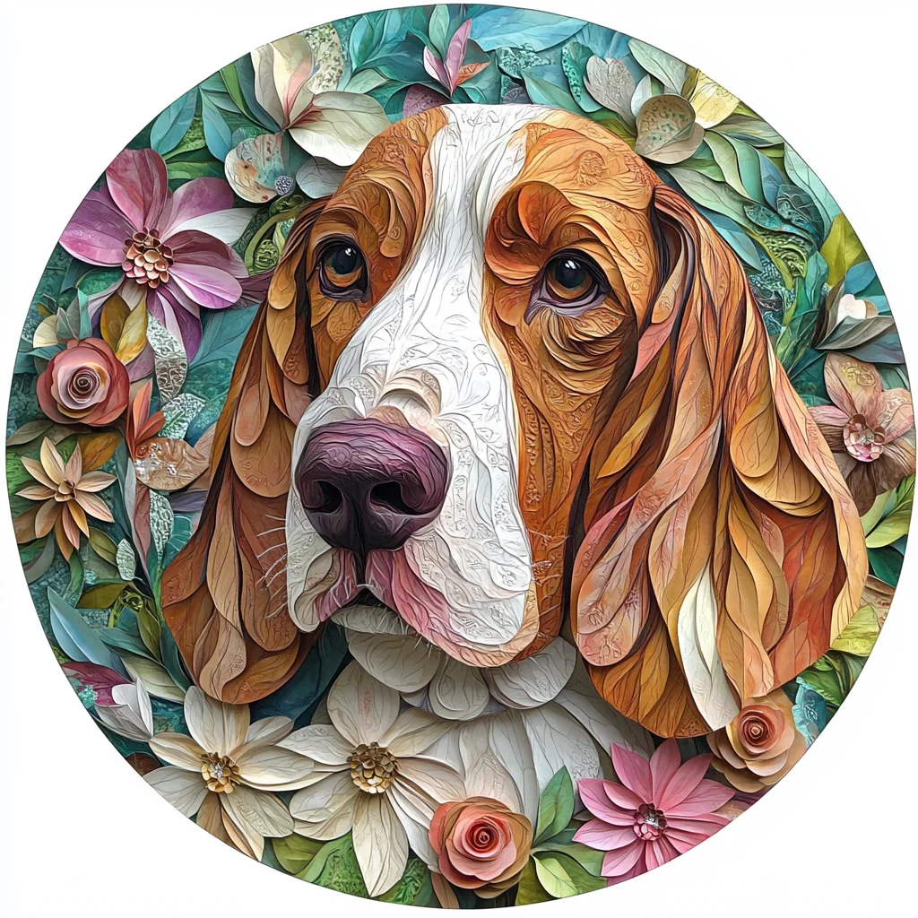 Bassett Hound เครื่องประดับสัตว์เลี้ยงตามสั่งภาพวาดอลูมิเนียมวงกลมความละเอียดสูงพิเศษ