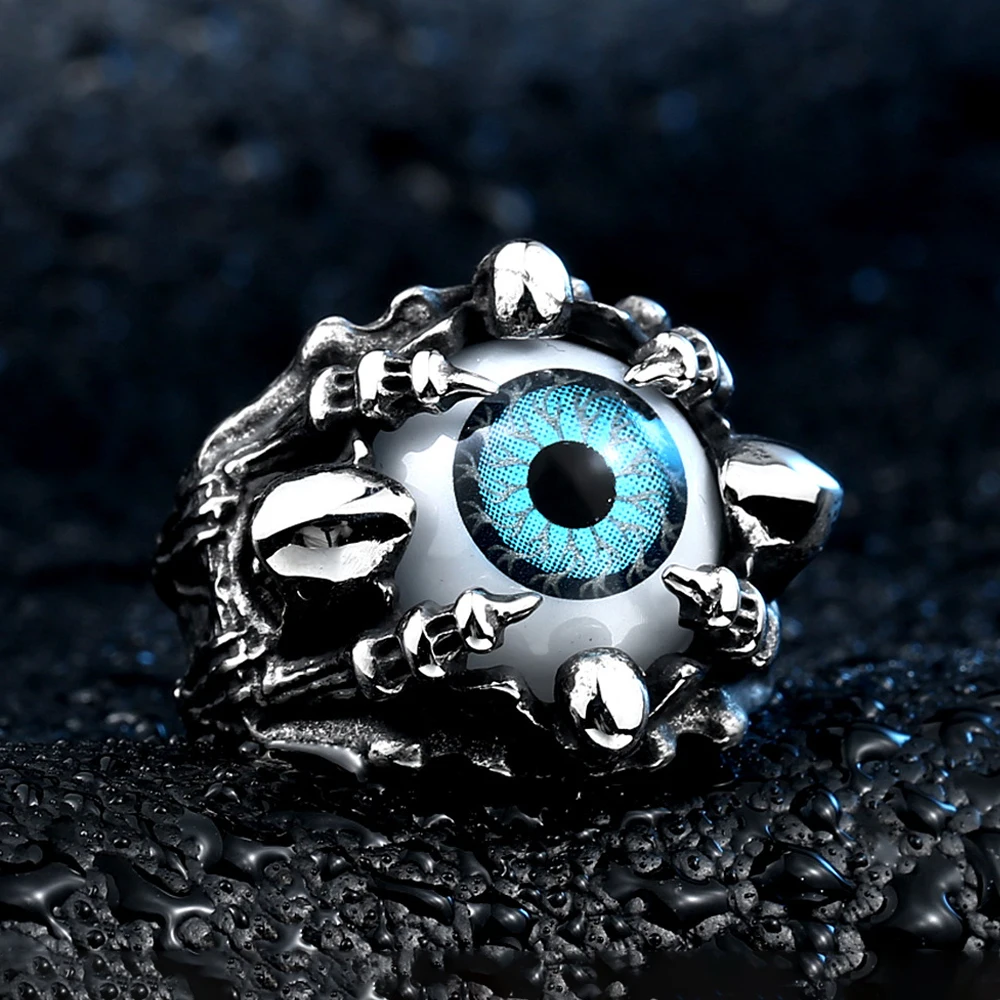 Gothic Evil Eye Rings Green/Bule Eyeball Skull Claw Ring Men Women Stainless Steel Punk Hip Hop Jewelry Wholesale Halloween Gift