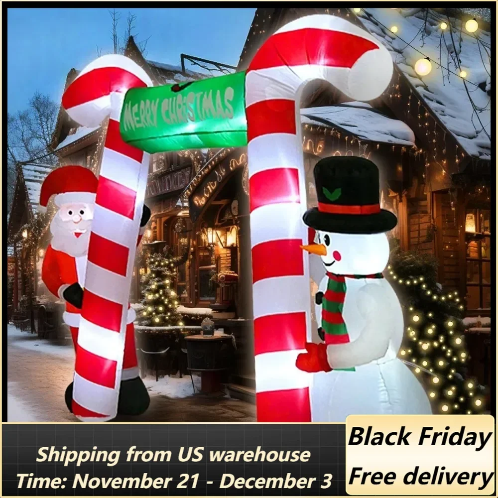 9 FT Christmas Inflatable Candy Cane Archway with Santa and Snowman, Blow Up Merry Christmas Decorations Built-in Led Lights Out