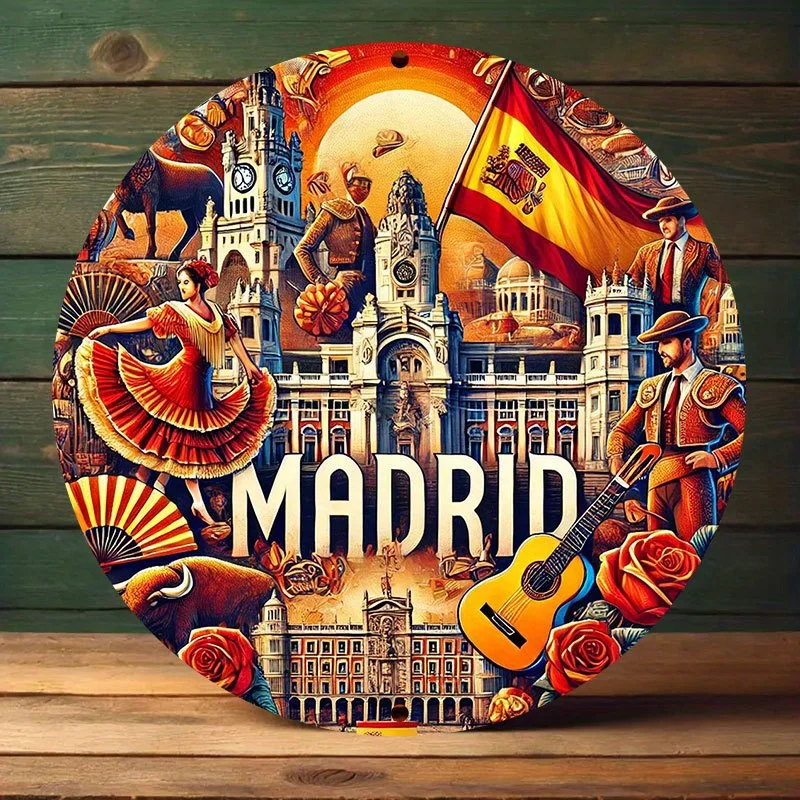 2D Flat, 1pc 2D Flat Madrid Cultural Glory 7.8-Inch Round Aluminum Sign - Vivid Cityscape with Traditional Costumes and Landmark