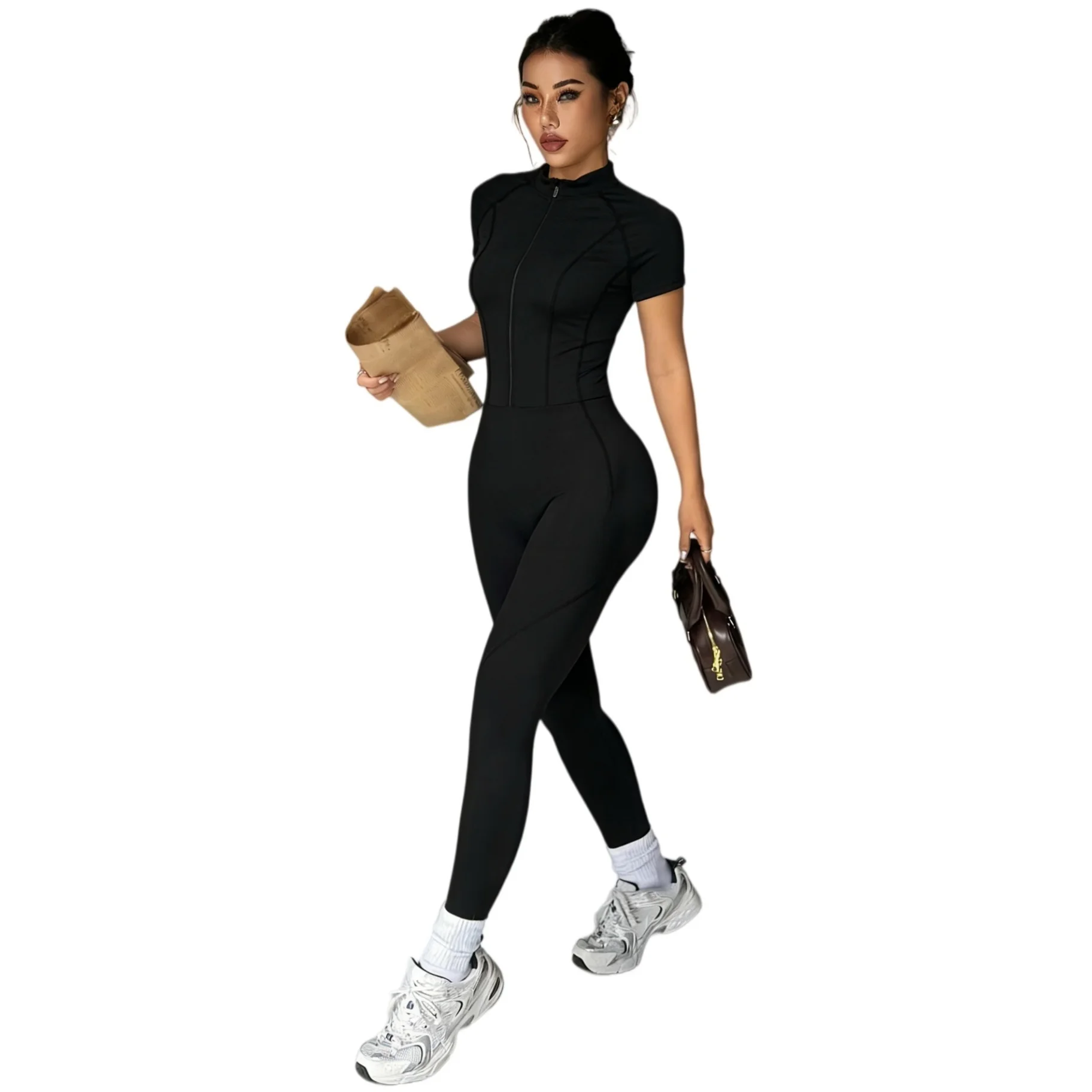 

Women's Short Sleeve Zip-Up Fitted Full Length Jumpsuit -Black Bodycon Workout Romper for Active Wear Overalls Set