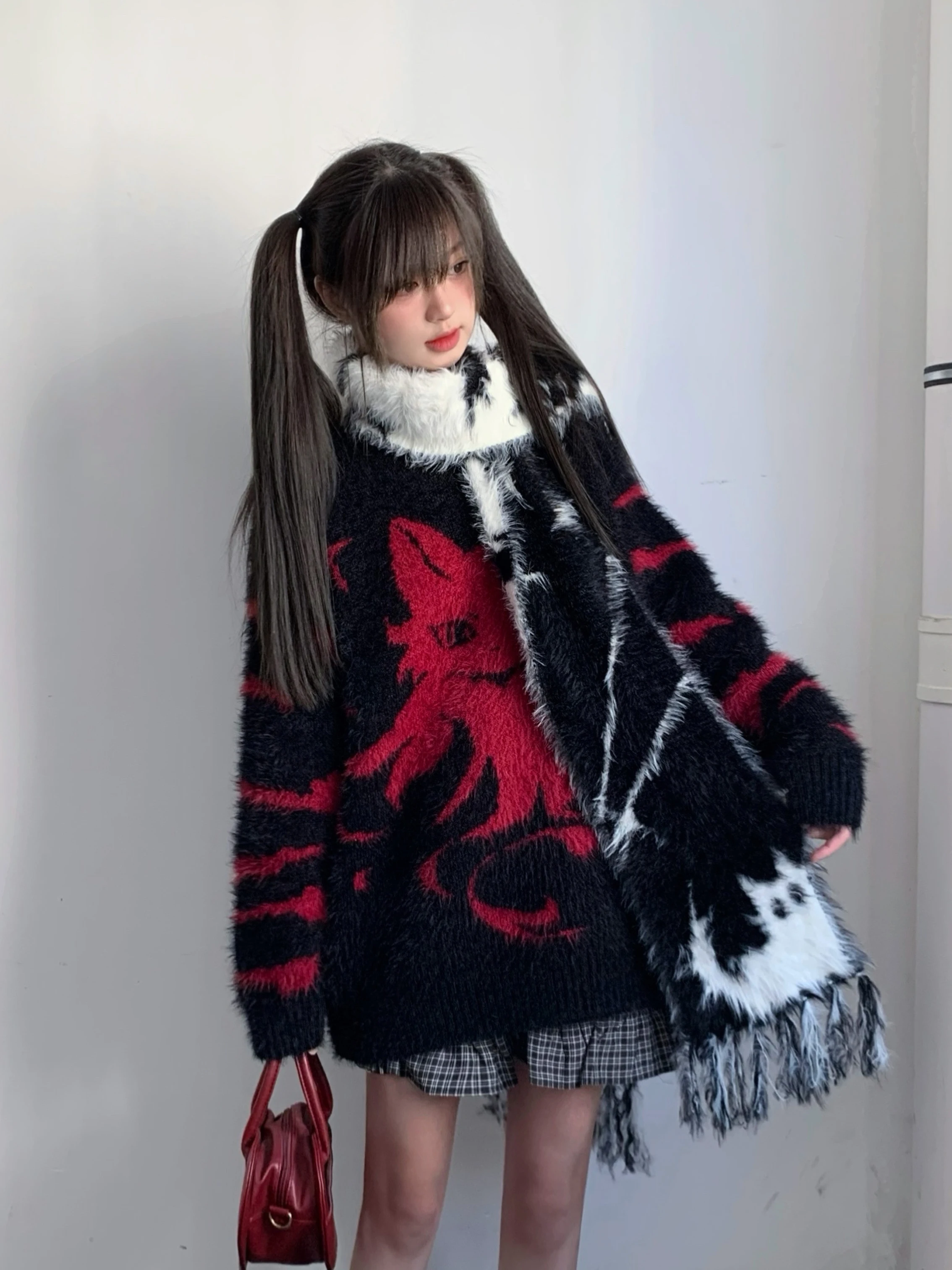 Japanese subculture y2k fried hair cartoon cat scarfs original Yameng warm scarf double-sided knitted long winter neutral wind