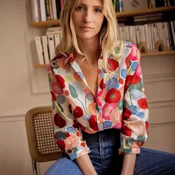 Women'S Simple Shirt 2025 New Cartoon Floral Print Shirt Summer Plus-Size Lapel Button Up Top Elegant Evening Dress For Women