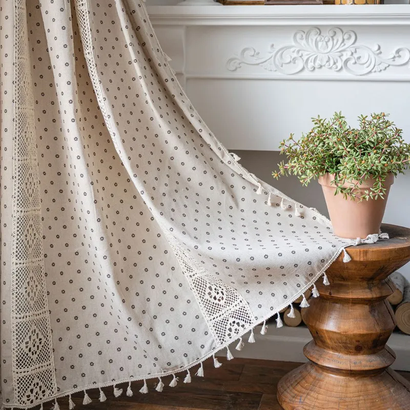 American Rural Curtains Coffee Chrysanthemum Finished Curtains Printed Cutout Splice Kitchen Drape Semi-Shading Curtain Tassels