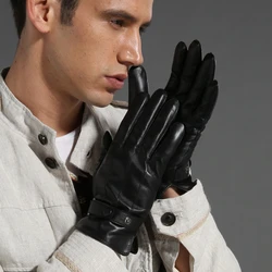 GOURS-Luvas de couro preto de cabra para homens, luvas forrado de lã, moda de condução suave e quente