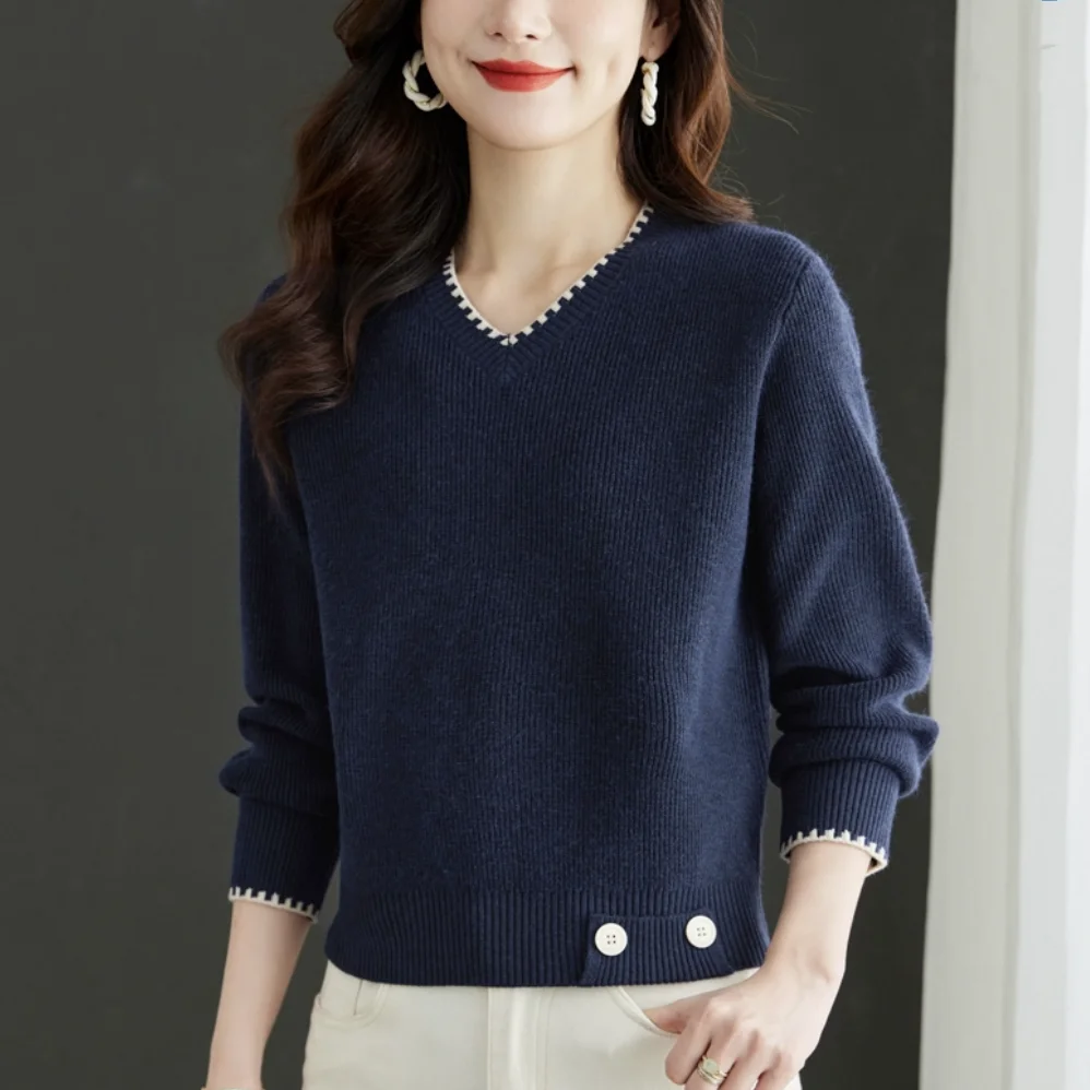 

ort V-Ne Woolen Sweater Women's Base Layer Knitted irt Spring Autumn Faionable Commute Sle Bright Tead Detail