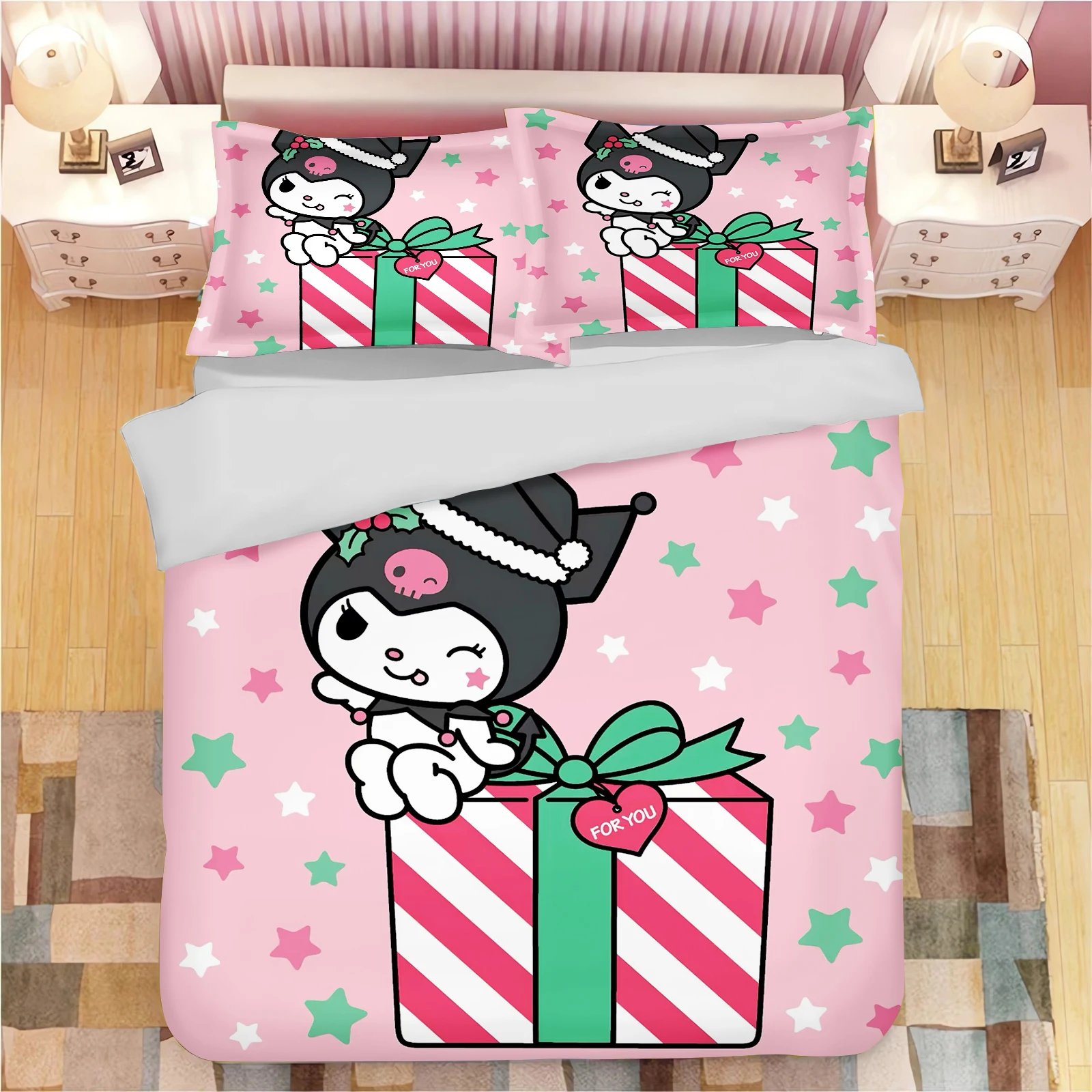 

Sanrio Series Kuromi пододеяльник, комплект постельного белья для детей, роскошный чехол королевского размера, 100% полиэстер, 3 предмета, рождественские подарки, домашний декор