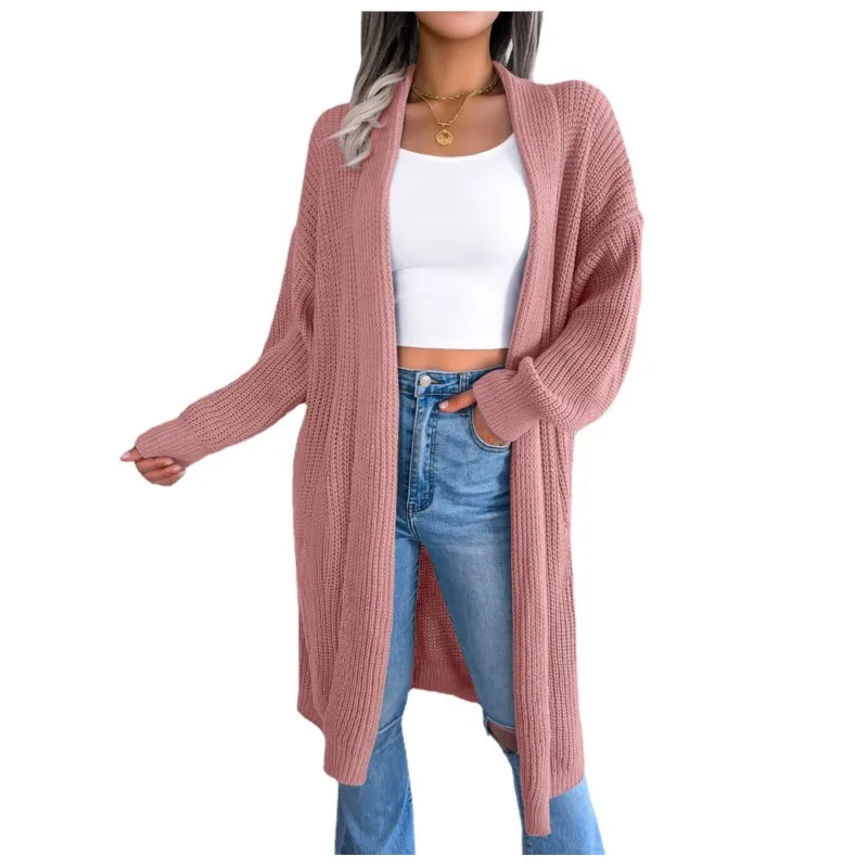 Women\'s Autumn And Winter Casual Versatile Collar Long Jacket Solid Color Cardigan Buttonless Long Sleeved Loose Sweater Coat