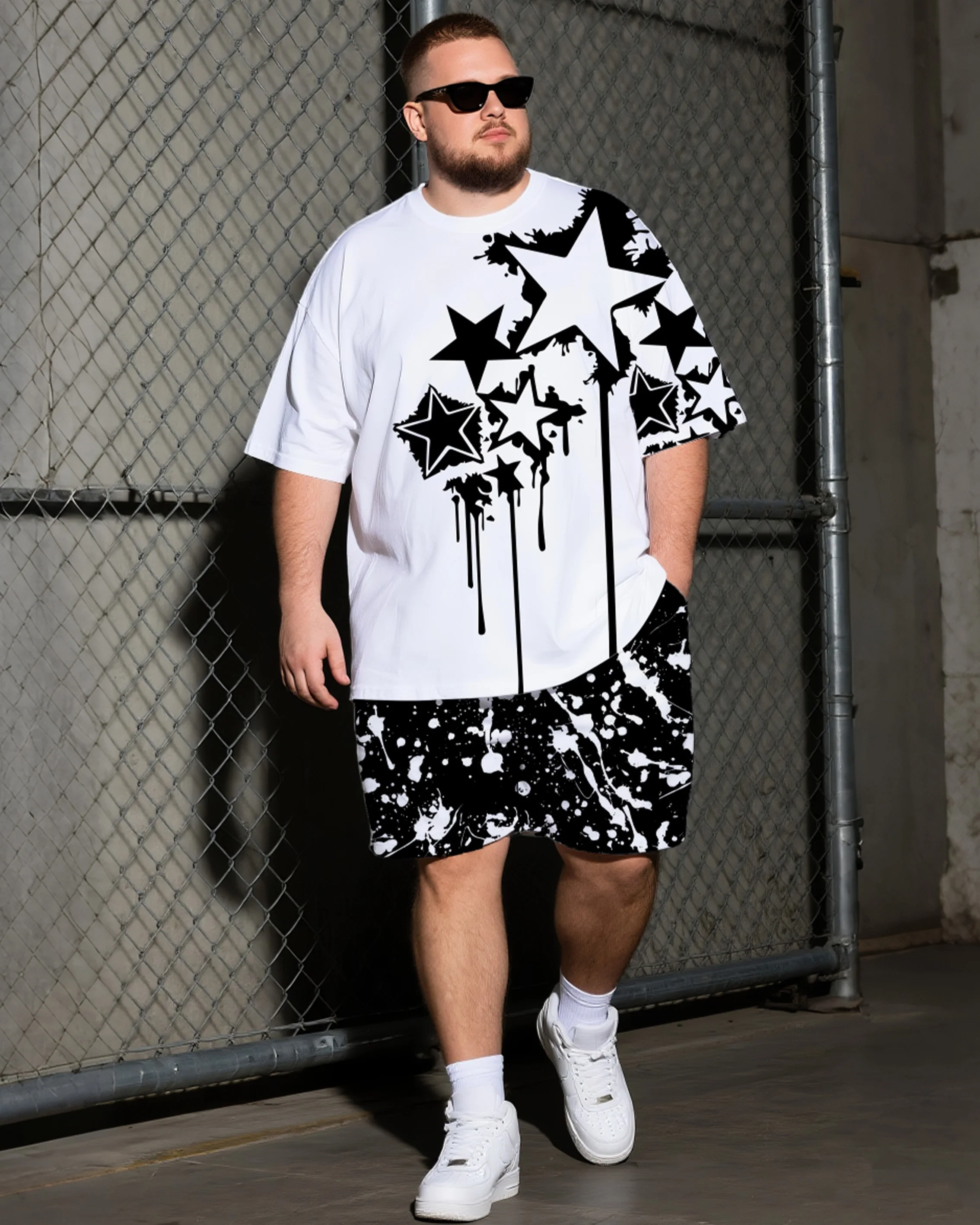 

S-9XL Men's Large Size Star Ink Short Sleeve T-shirt Shorts Two-piece Set