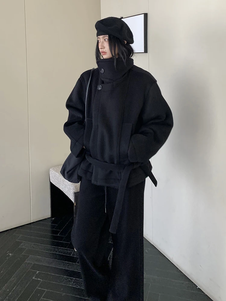 

Bla ort Woolen Coat Buou 2024 Winter Commute Sle Long Sve Suit Collar Belted Wool 70% Other Materials 30%
