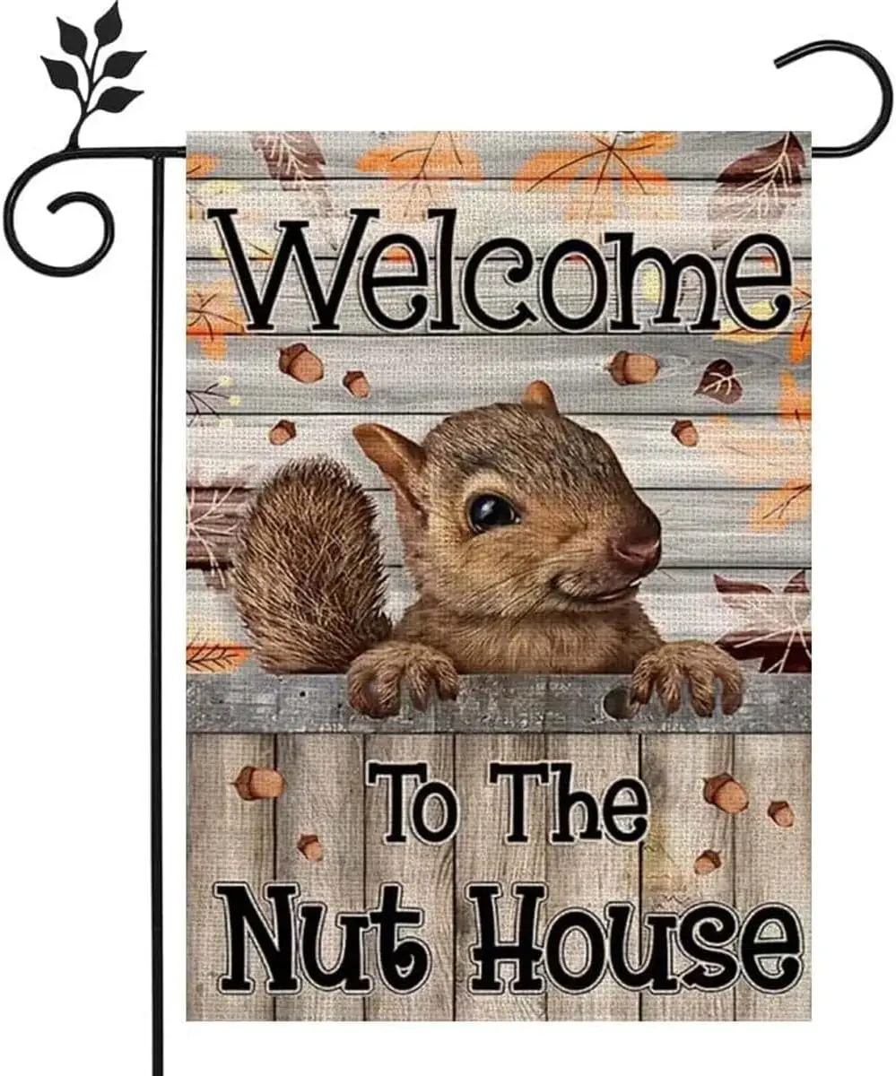 Fall Garden Flag, 12x18 Inch Squirrel Nuts Double Sided Autumn Garden Flags for Outside, Seasonal Garden Flags Hello Holiday Wel