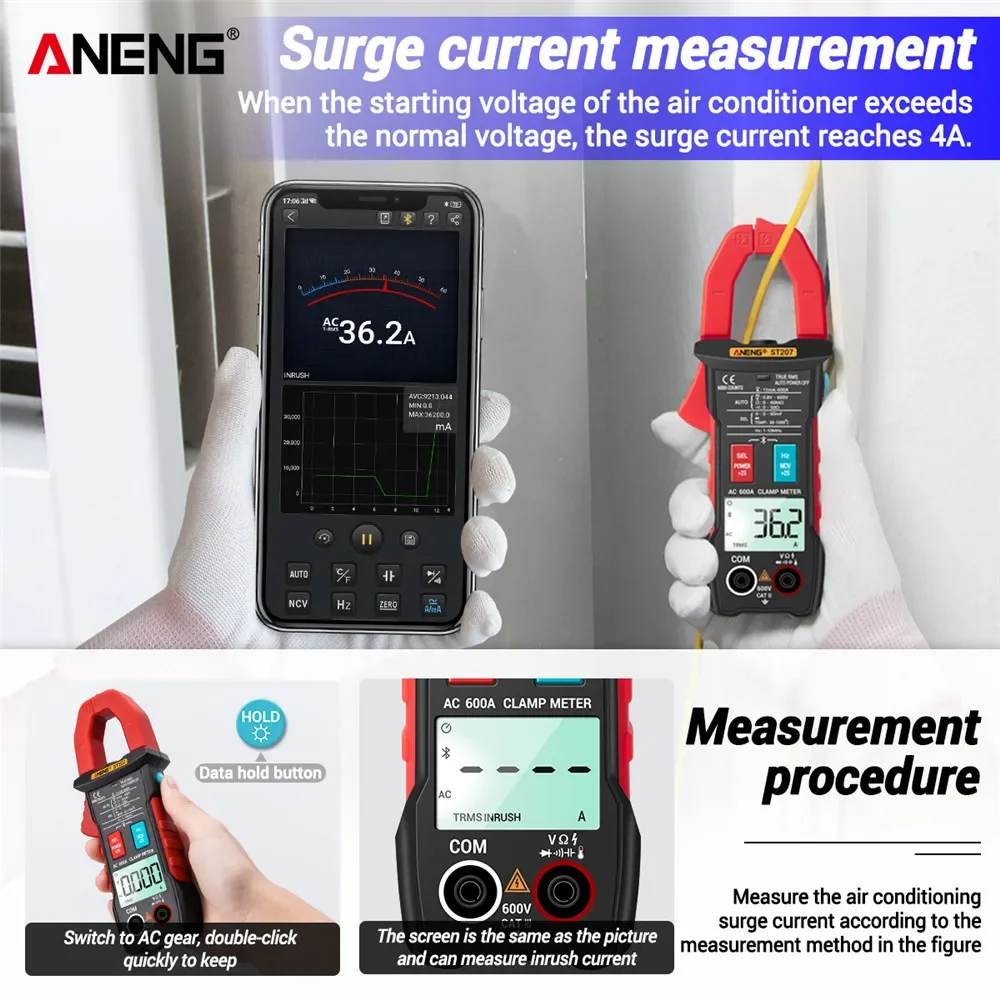 ANENG ST207 Digital Newly Upgraded Bluetooth Clamp Meter 6000 Count DC/AC True RMS Multimeter Hz Capacitance Ohm  Voltage Tester