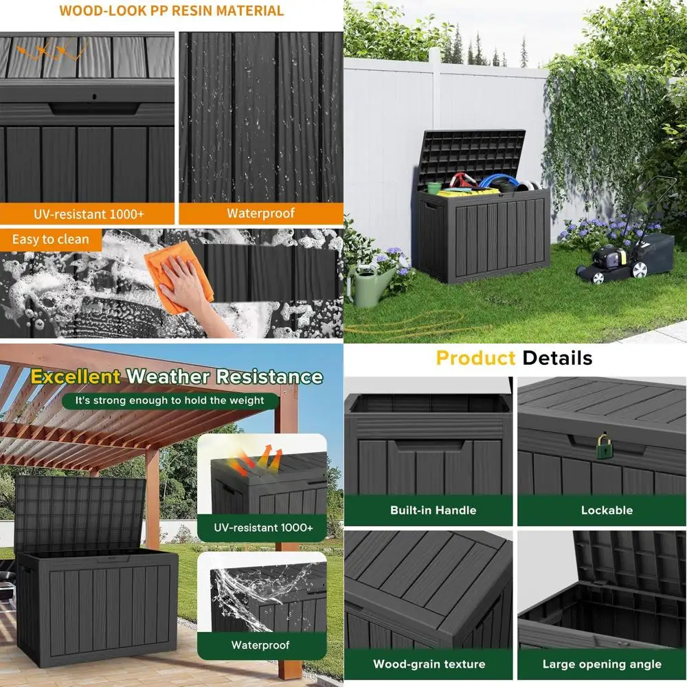 

Outdoor Deck Storage Box, 46 Gallon Lockable Waterproof Patio Furniture and Garden Tool Resin Box in Black