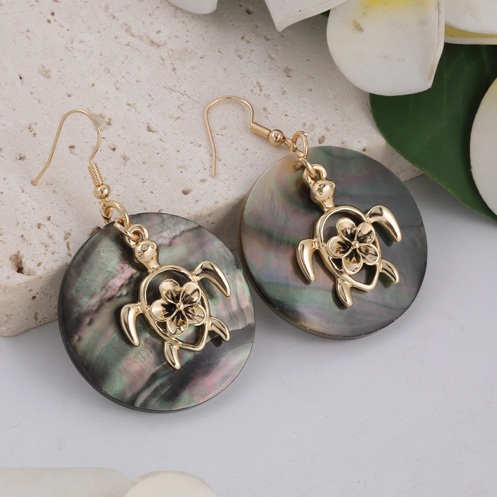 Cring Coco-pendientes de concha de labio negro Natural para mujer, joyería redonda de moda hawaiana de Samoa, pendientes de tortugas y flores con con conchas