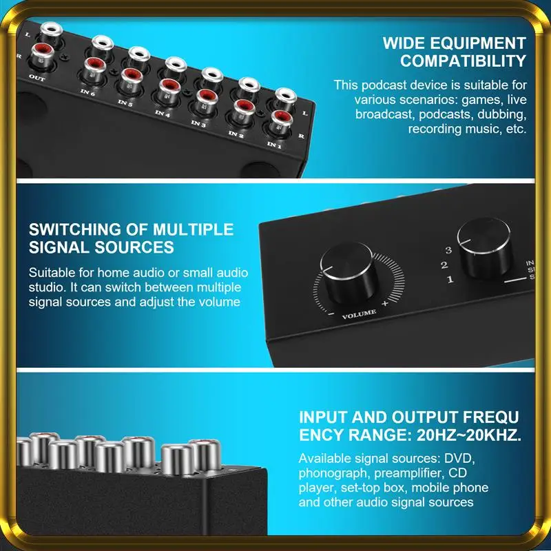 

-A95Z 6 In 1 Out L / R Stereo Audio Switcher With Mute Button Portable RCA Stereo Audio Switch Audio Splitter
