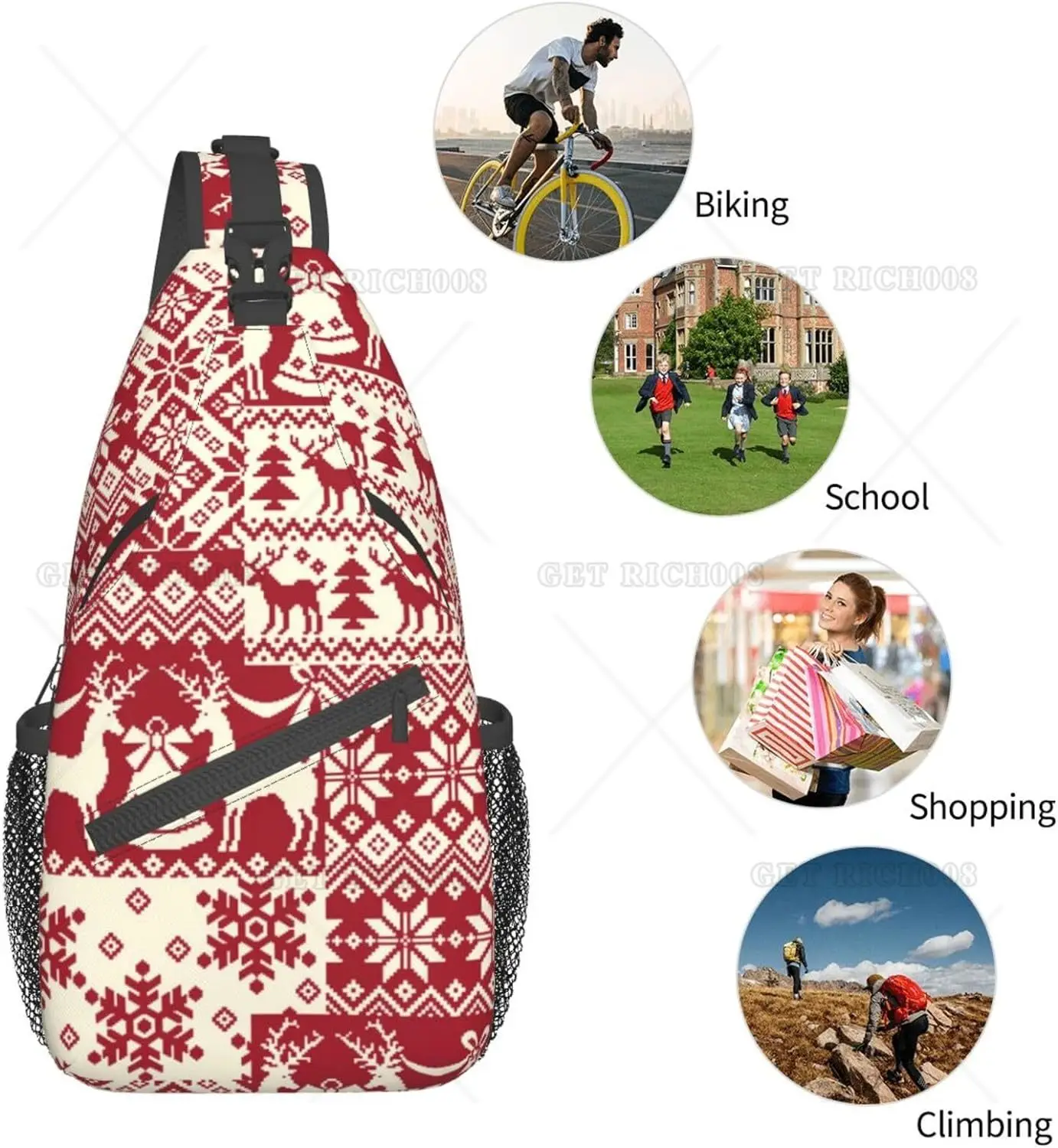 Vintage Christmas Tree Plaid Crossbody Sling Backpack Sling Bag Xmas Snowaflake Chest Bag Daypack for Hiking Traveling Outdoors