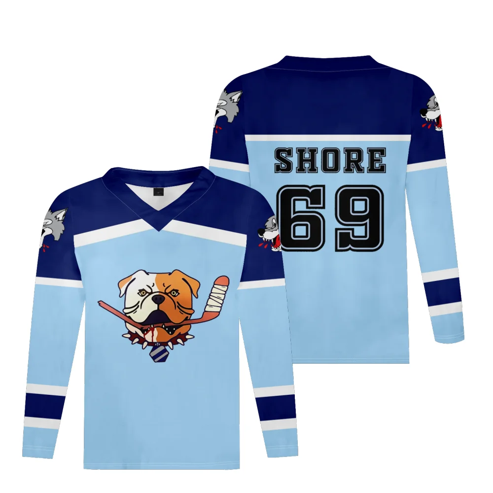 

Shoresy Shore 69 Sudbury Blueberry Bulldogs Hockey Jersey Blue V-Neck Long Sleeve Sport Shirt Fashion Clothes