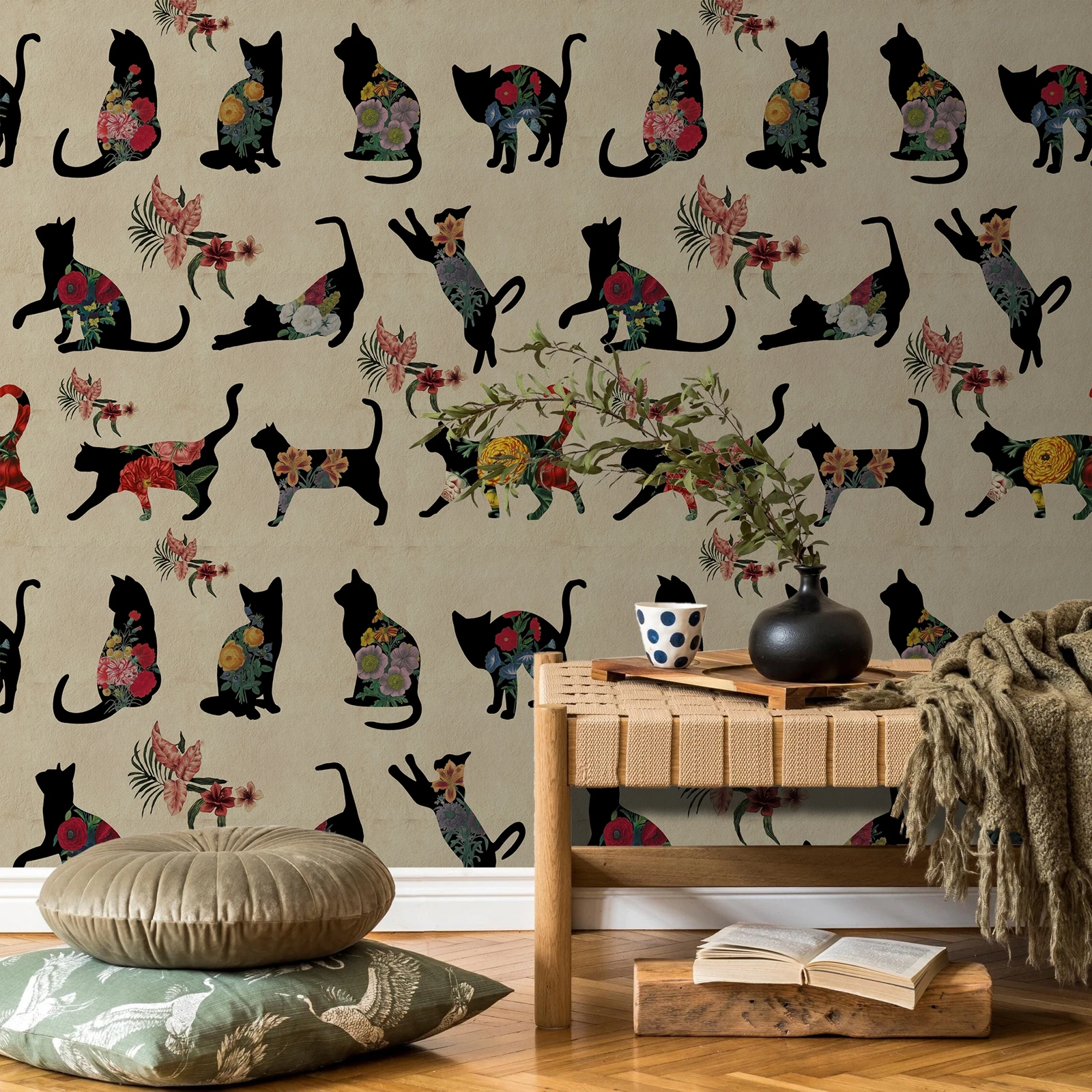 

Богемные обои с животными, красочные цветочные обои с наклейками для спальни с котом, винтажная бумажная роспись, обои для детской комнаты, БЕСПЛАТНО ПВХ