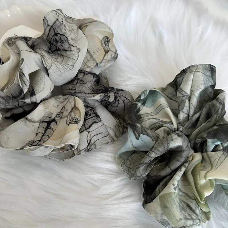 Ins Hot Sale Ink Oil Painting Fabric Satin Fluffy Tie-Dyed High Elastic Scrunchies Simple Retro Hair Rope Hair Accessories