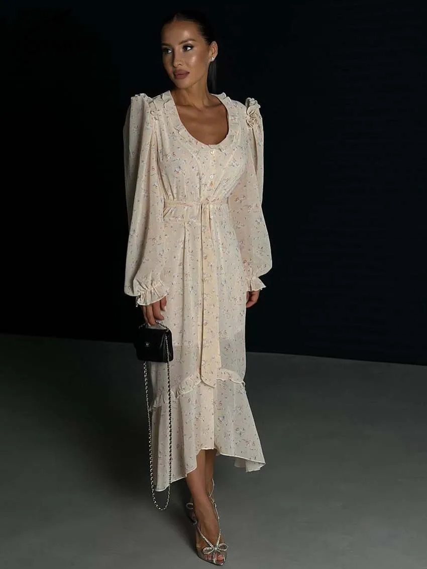 

Oymimi Elegant Apricot Print Women's Dress Fashion Ruffled Long Sleeve Dresses Summer Single Breasted Lace-Up Mid-Calf Dress