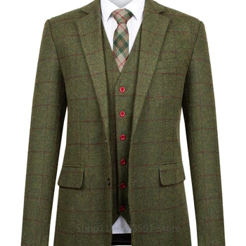 녹색 모직 격자 무늬 남성 정장, 슬림핏 웨딩 신랑 턱시도, 노치 라펠, 비즈니스 파티, 코스튬 옴므 재킷, 조끼 바지, 3 종 세트