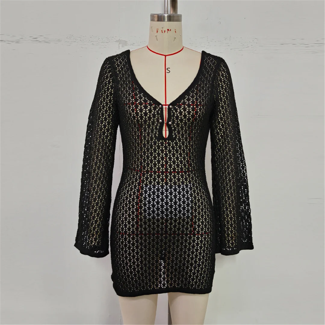 V-Ausschnitt, lange Ärmel, mit Ausschnitten versehene, gehäkelte Tunika, Strandkleid, Strandmode, Damen V7643 – Detail 26