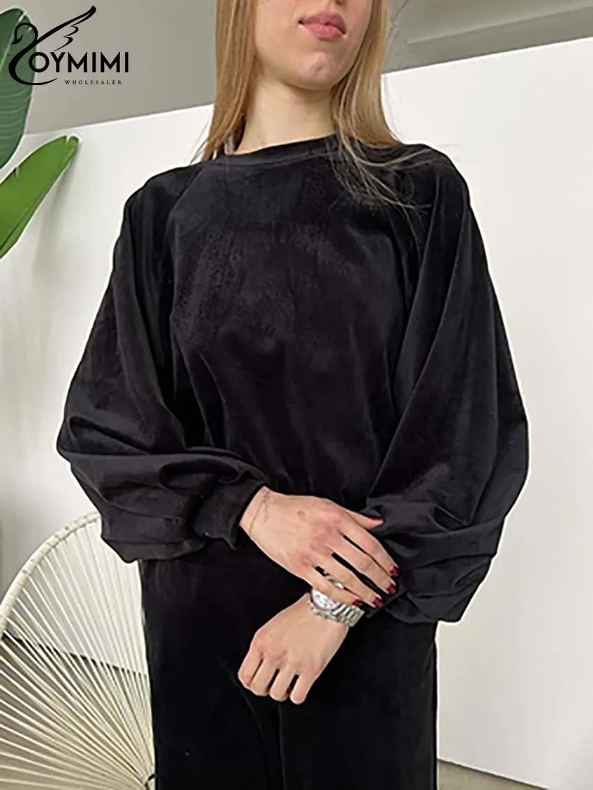 Oymimi Casual Black Lint 2 Piece Sets Women Outfit Elegant O-Neck Long Sleeve Simple Blouses And High Waist Pockets Trousers Set